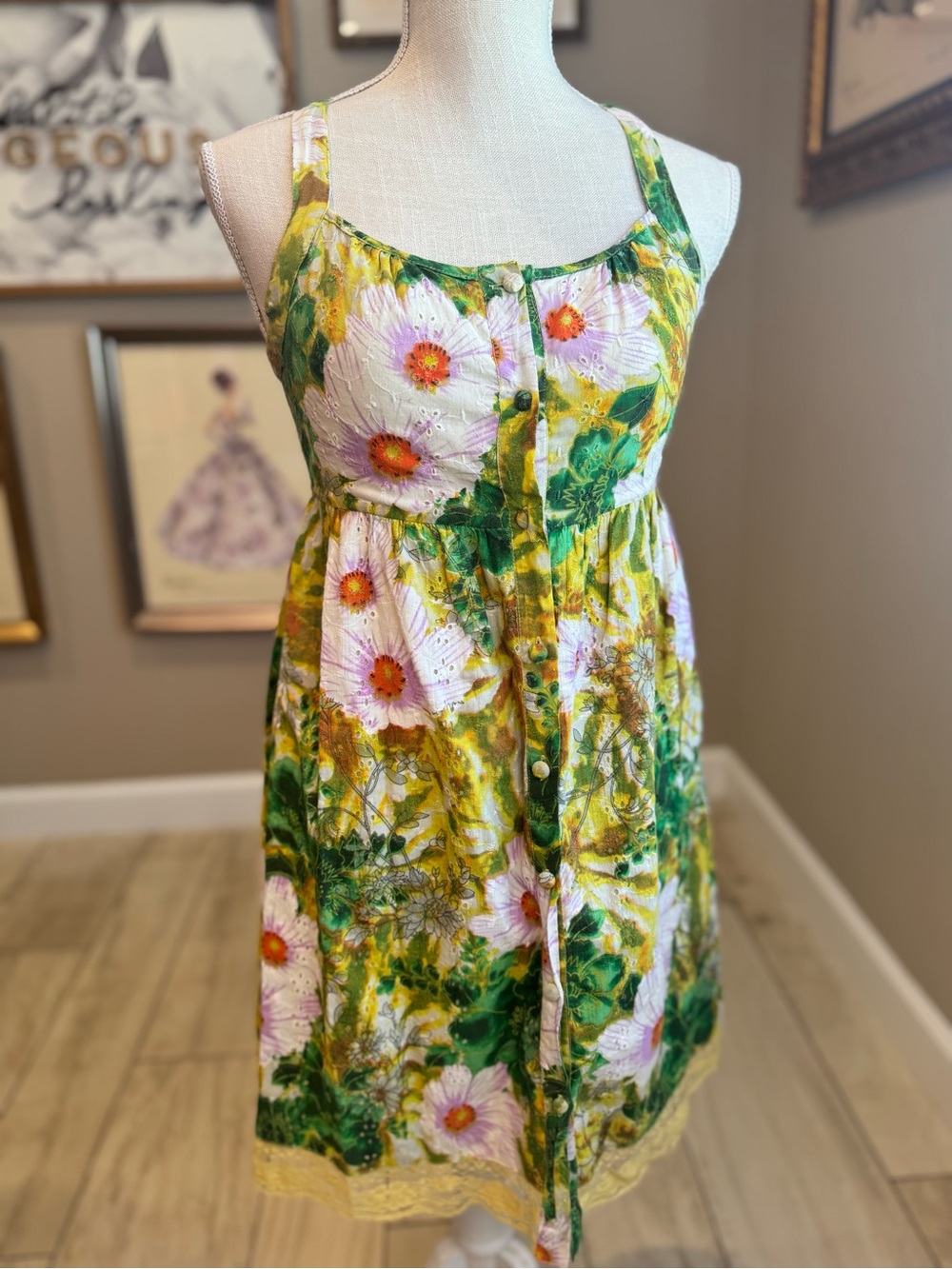 5 for $30 Derek Heart Yellow & Green Floral Button-Front Lace Cutout Sundress